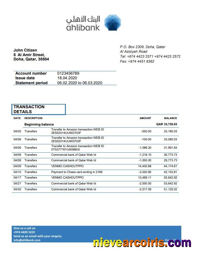 Professional Qatar Ahlibank Proof Of Address Bank Statement Template In Word And PDF Format, .doc And .pdf Format