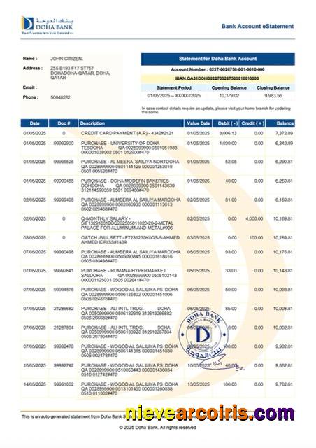 Realistic Qatar Doha Bank Account E Statement Word And PDF Template