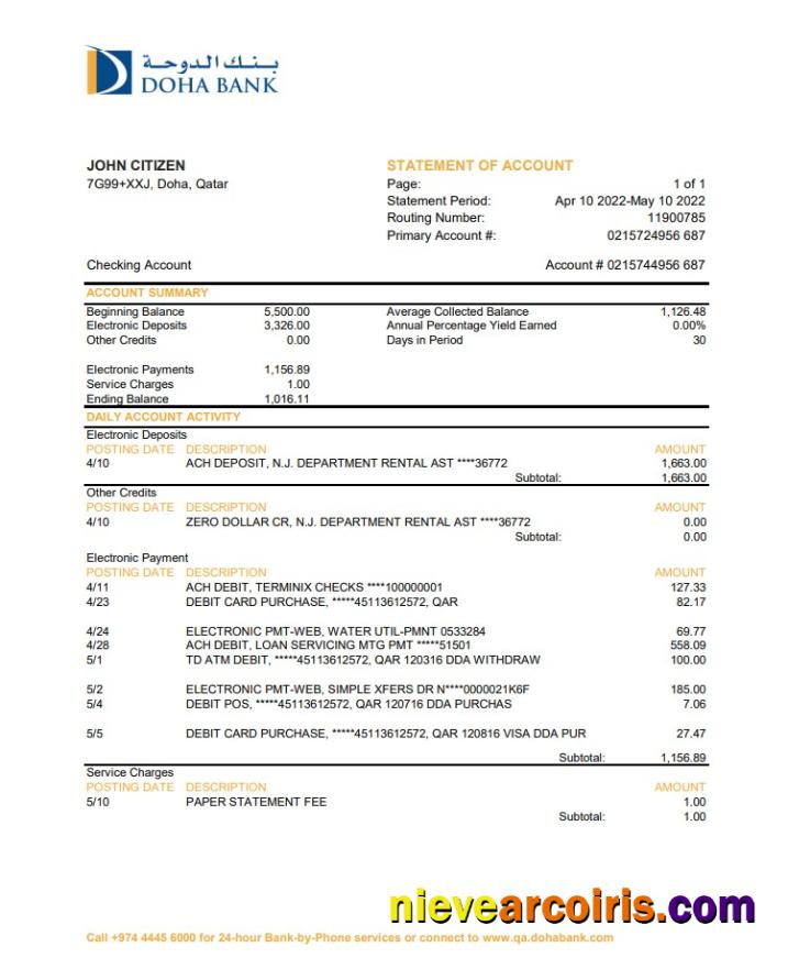 Qatar Doha Bank Statement XLS Template