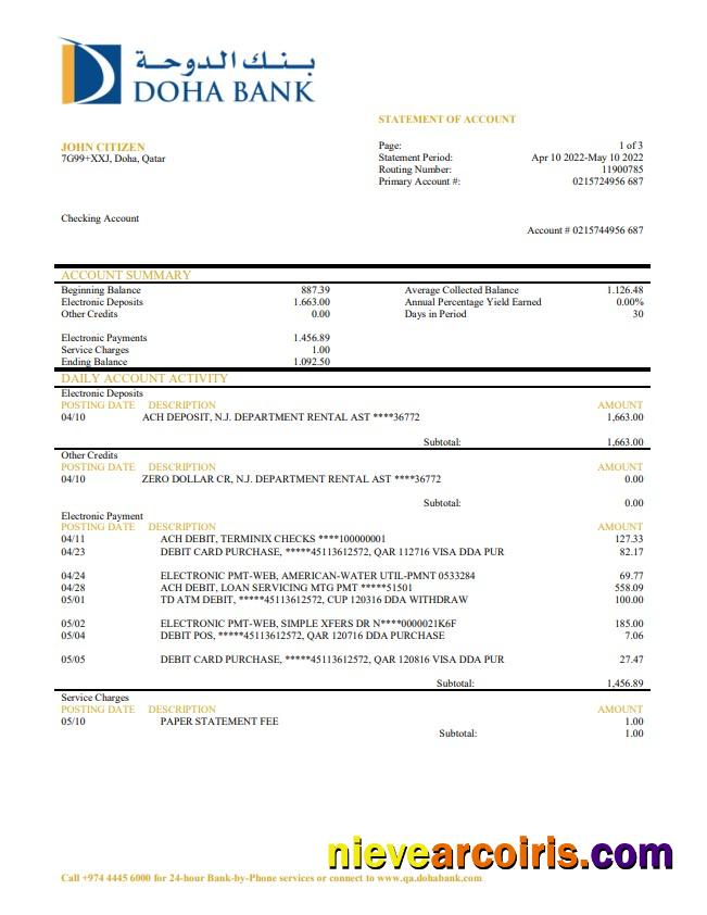 Qatar Doha Bank Statement Sample