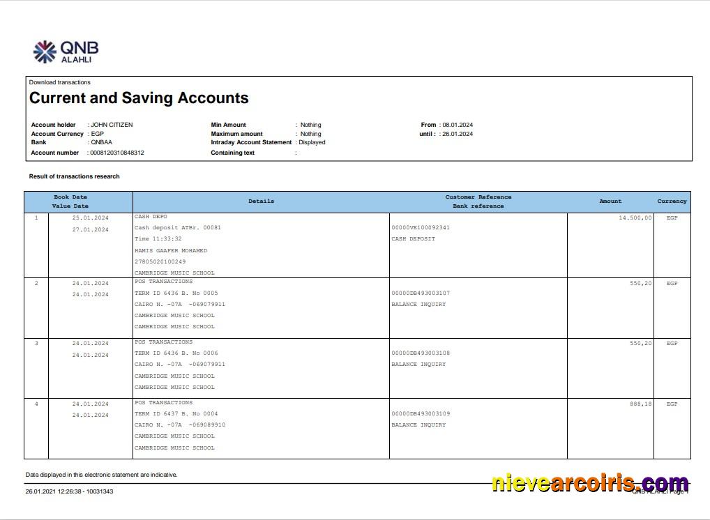 Qatar QNB Alahli Bank Statement 3 – 6 Months Word And PDF Example, Version 2 Template