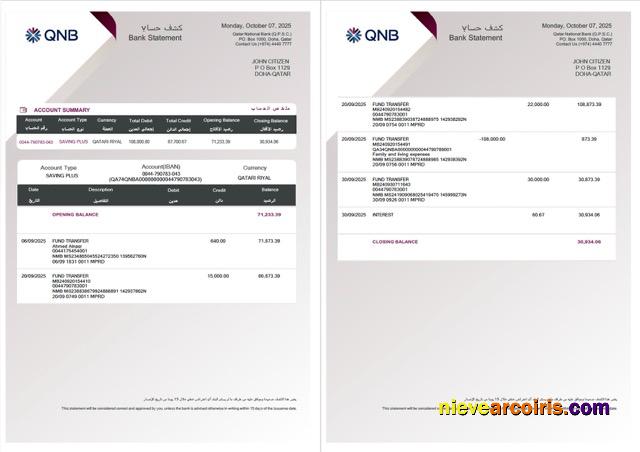 Professional Qatar QNB Bank Statement Word And PDF Template, 2 Pages