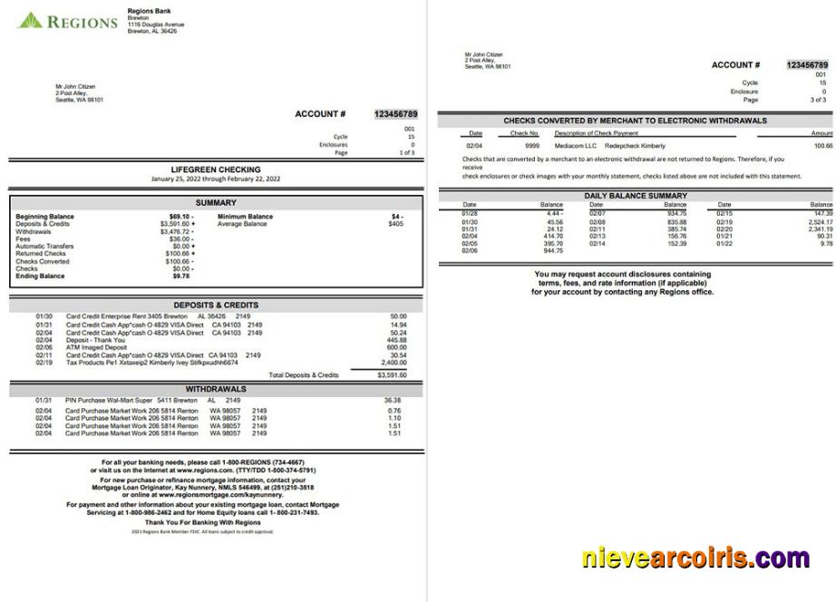 Regions Bank Statement 3 Page Preview