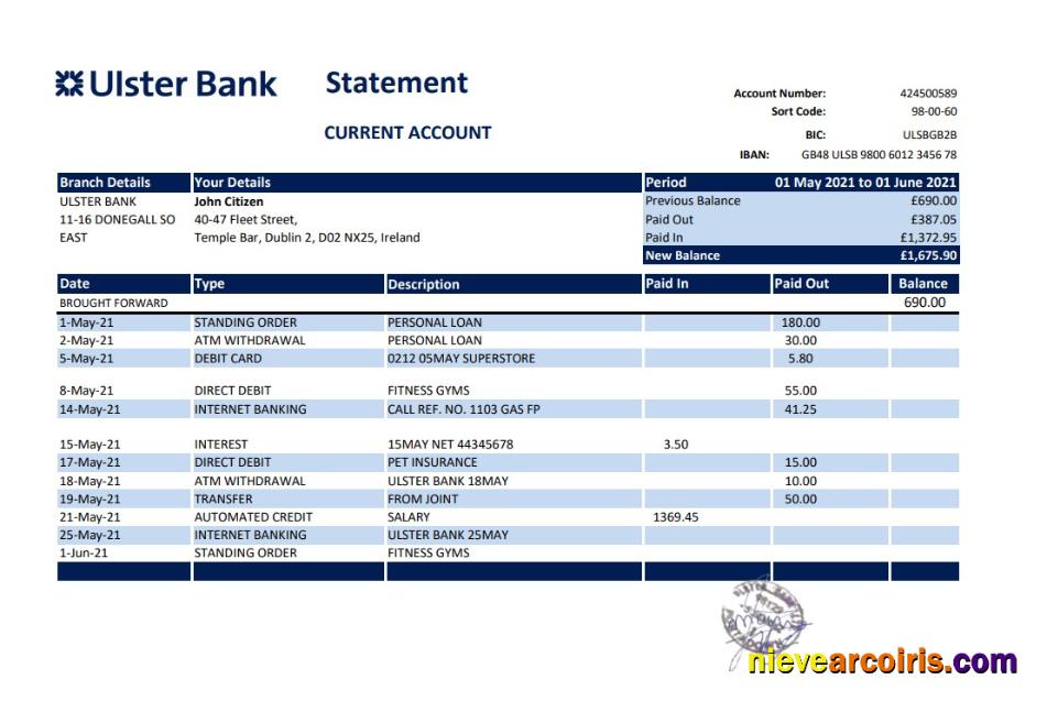 Premium Republic Of Ireland Ulster Bank Statement Easy To Fill Template In Excel And PDF Format