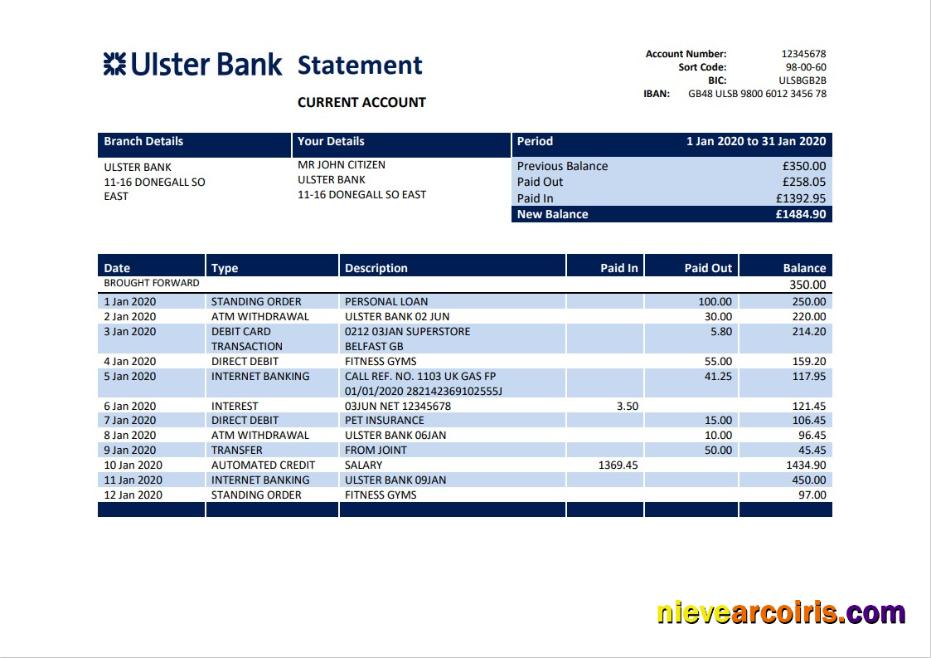 Editable Republic Of Ireland Ulster Bank Statement Template In Word And PDF Format, Good For Address Prove