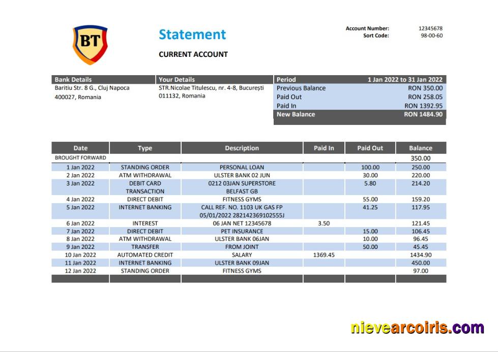 Romania Banca Transilvania Bank Statement Preview