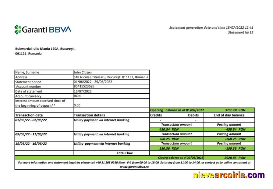 Romania Garanti BBVA Bank Statement Xls Template
