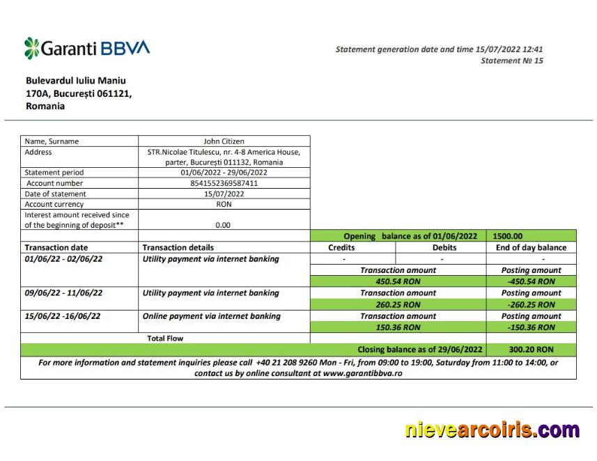 Romania Garanti BBVA Bank Statement Photolook