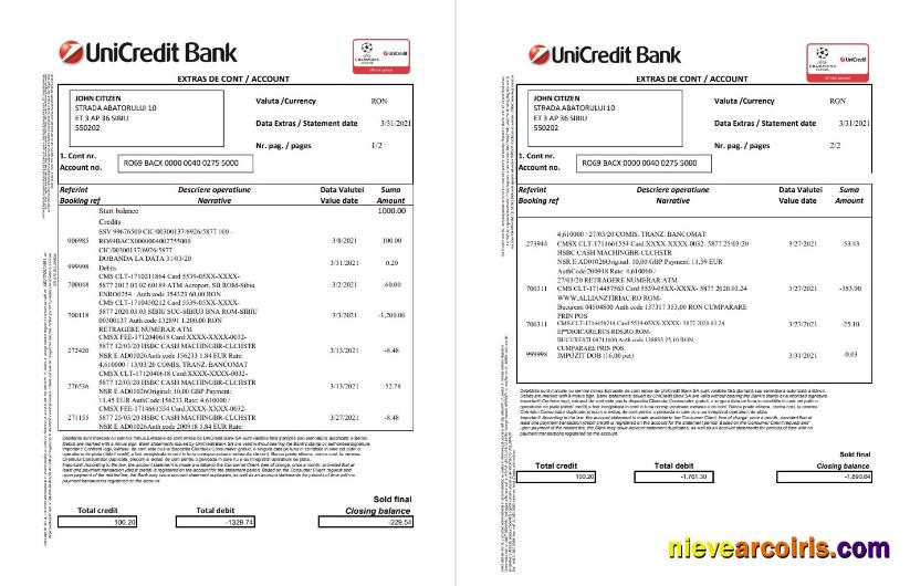 Romania UniCredit Bank 2 Pages Excel Pdf Preview