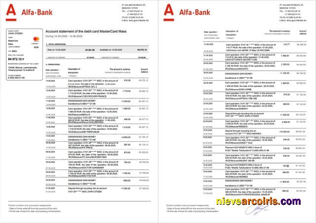 Premium Russia Alfa Bank Account Statement Word And PDF Template, 2 Pages