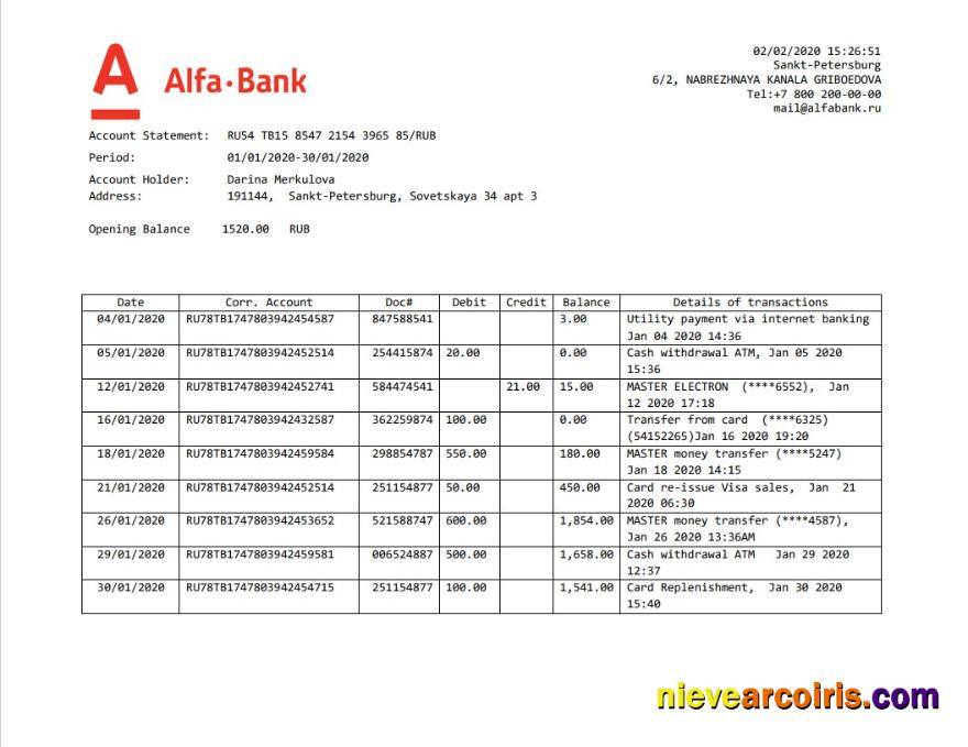 Realistic Russia Alfa Bank Proof Of Address Statement Template In Word And PDF Format
