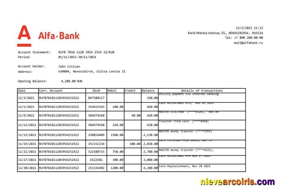 Editable Russia Alfa Bank Statement Easy To Fill Template In .xls And .pdf File Format