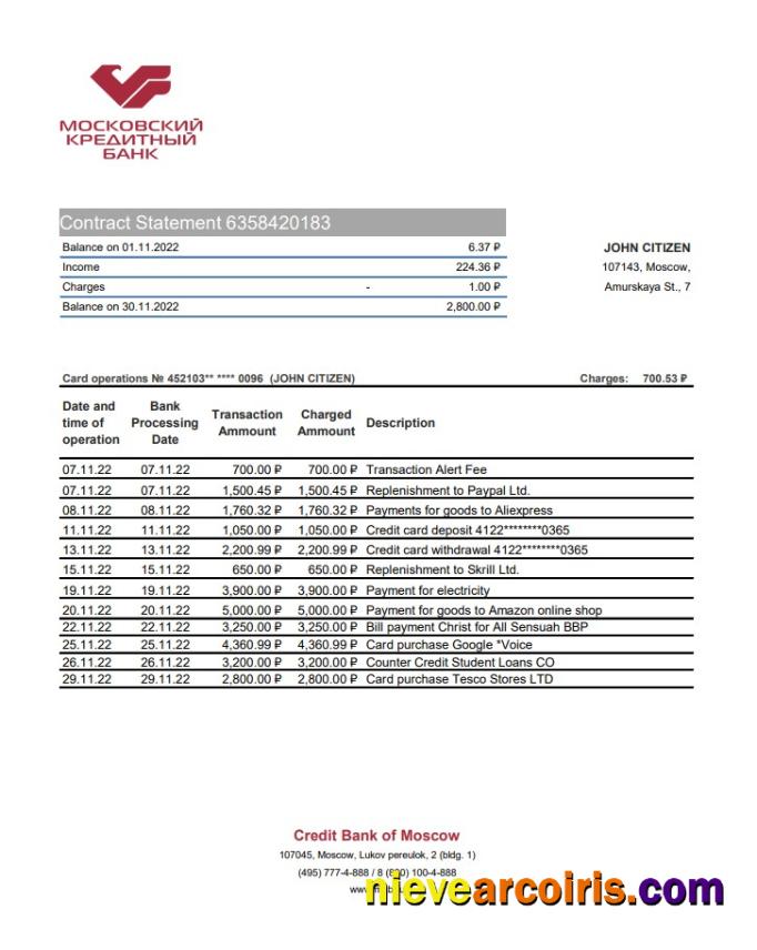 Russia Credit Bank Of Moscow Bank Statement Xls Sample