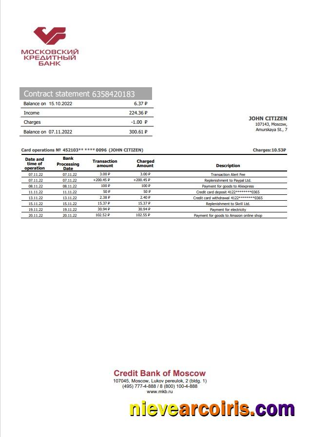 Russia Credit Bank Of Moscow Bank Statement Template