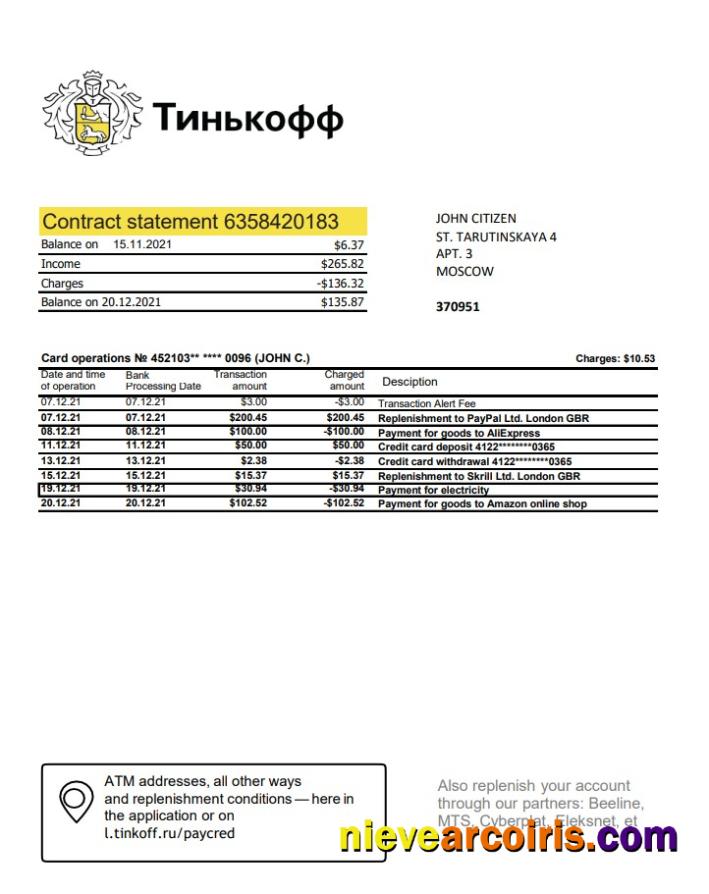 Russia Tinkoff (English Version) Excel Pdf Sample