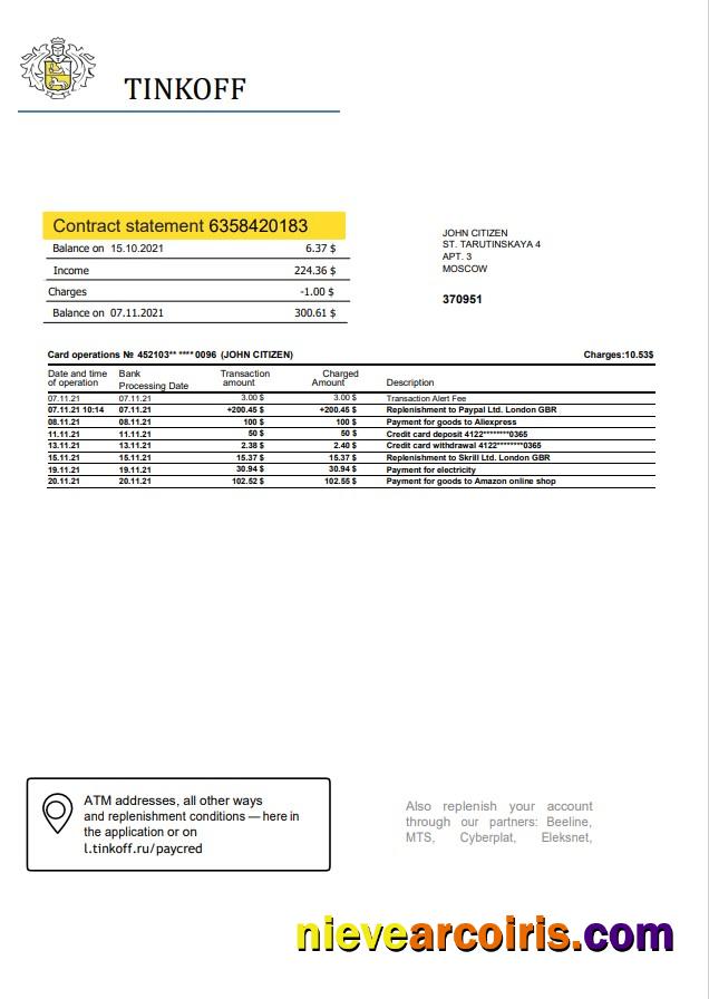 Premium Russia Tinkoff Bank Proof Of Address Statement (English Version) Template In Word And PDF Format