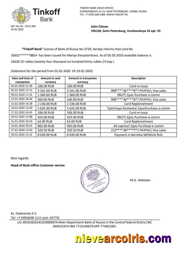 Professional Russia Tinkoff Bank Proof Of Address Statement Template In Word And PDF Format (.doc And .pdf)