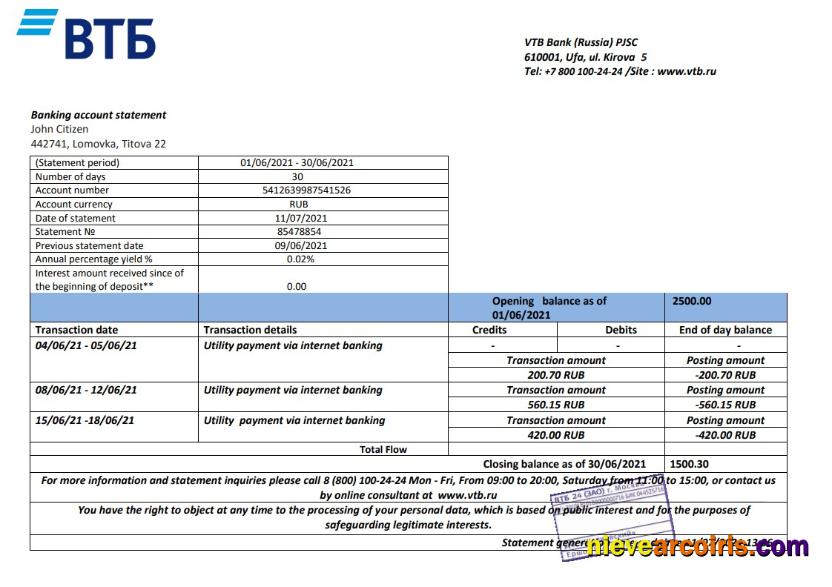 Editable Russia VTB Bank Proof Of Address Statement Template In Word And PDF Format