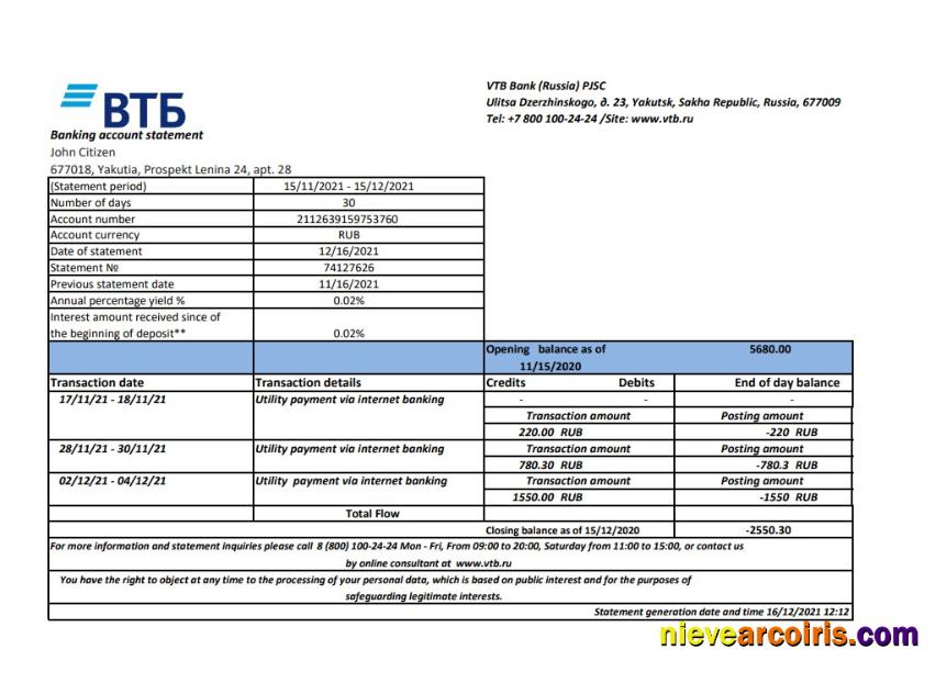 Realistic Russia VTB Bank Statement Easy To Fill Template In .xls And .pdf File Format