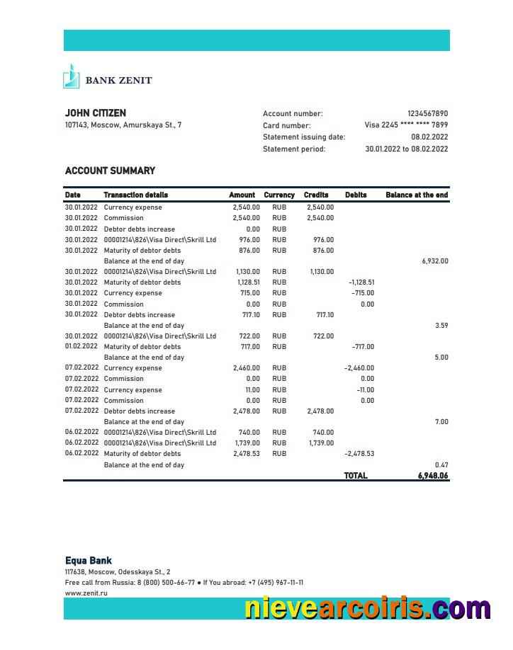 Russia Zenit Bank Statement Xls Photolook