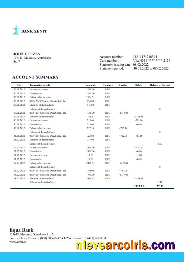 Russia Zenit Bank Statement Preview