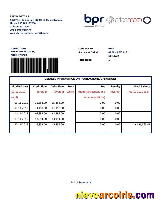 Editable Rwanda BPR Bank Statement Template In Word And PDF Format