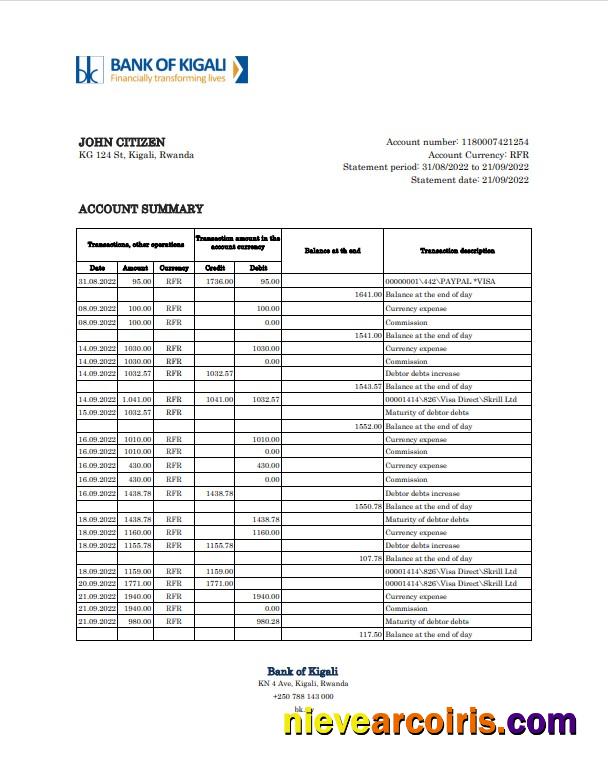 Editable Rwanda Bank Of Kigali Bank Statement, Excel And PDF Template