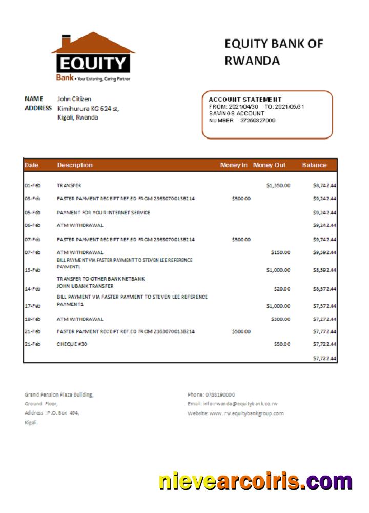 Realistic Rwanda Equity Bank Statement Easy To Fill Template In .xls And .pdf File Format.1