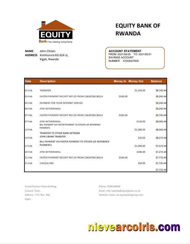 Professional Rwanda Equity Bank Statement Easy To Fill Template In .xls And .pdf File Format