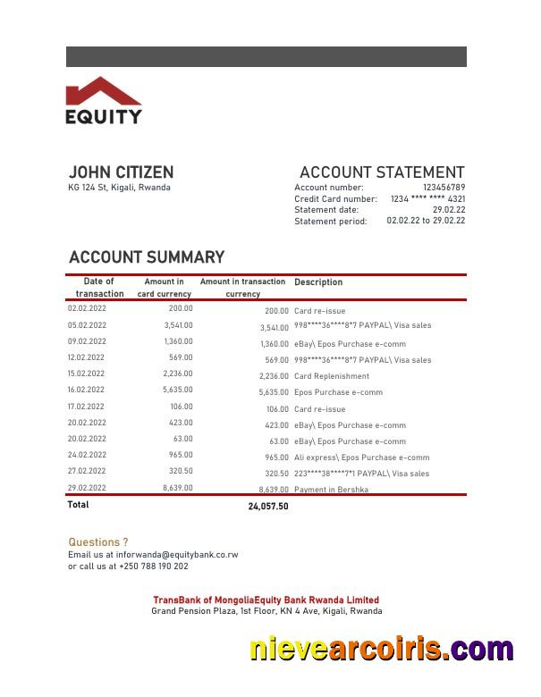 Editable Rwanda Equity Bank Statement, Excel And PDF Template