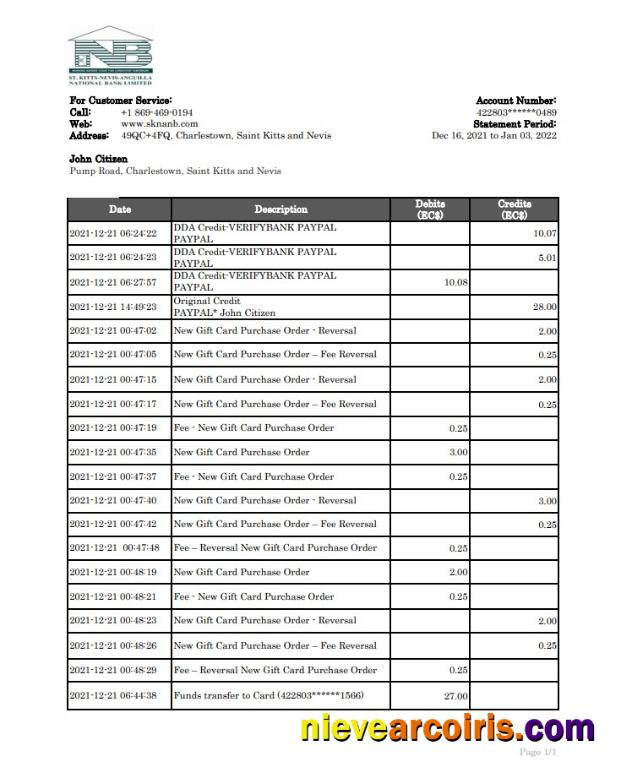 Saint Kitts And Nevis SKNA Bank Statement Xls Template