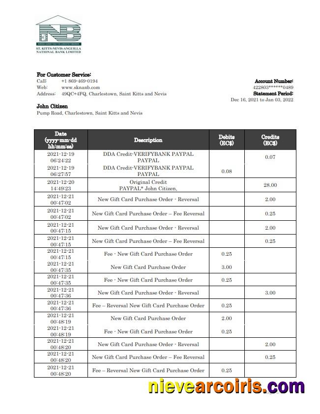 Saint Kitts And Nevis SKNA Bank Statement Template