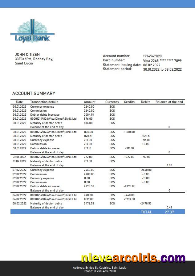 Saint Lucia Loyal Bank Statement Template