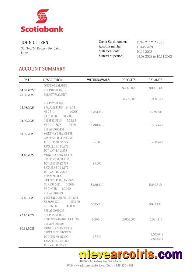 Saint Lucia Scotiabank Bank Statement Sample