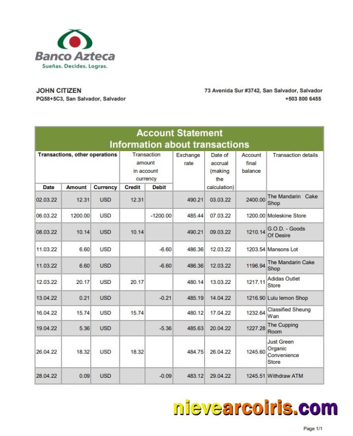 Salvador Banco Azteca Bank Statement Xls Sample