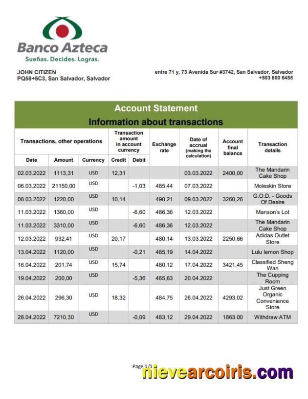 Salvador Banco Azteca Bank Statement Photolook