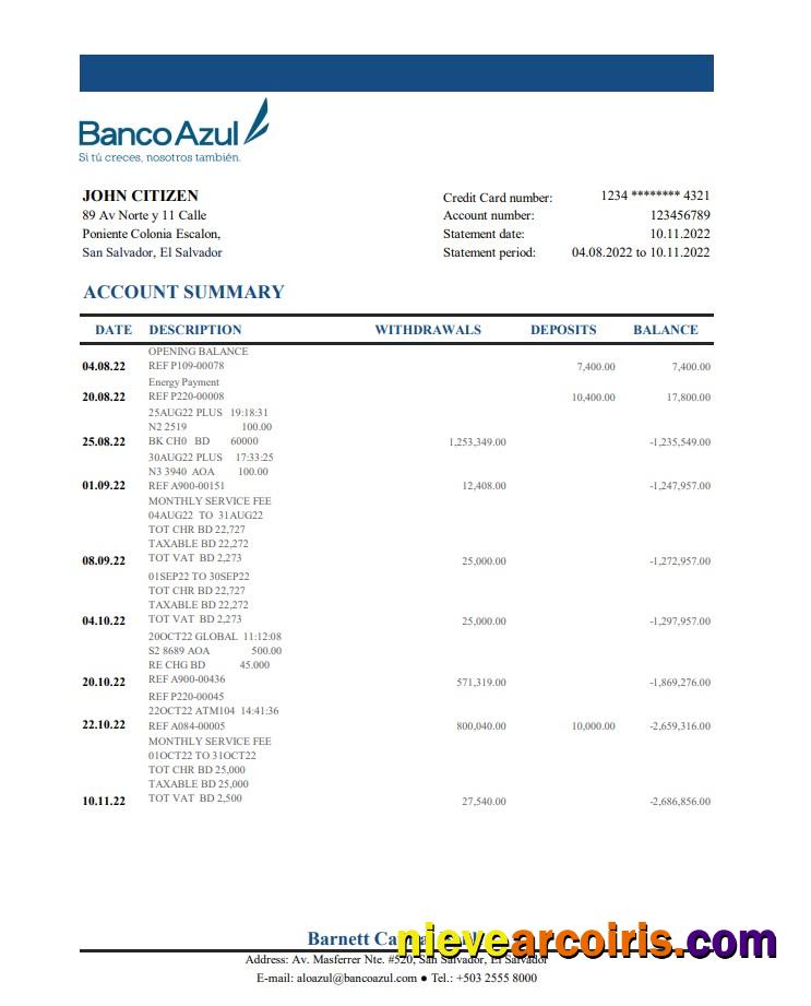 Salvador Banco Azul Bank Statement Xls Preview