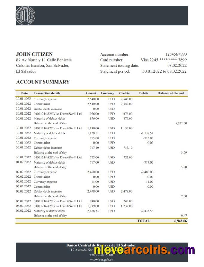Salvador Banco Central De Reserva De El Salvador Bank Statement Photolook