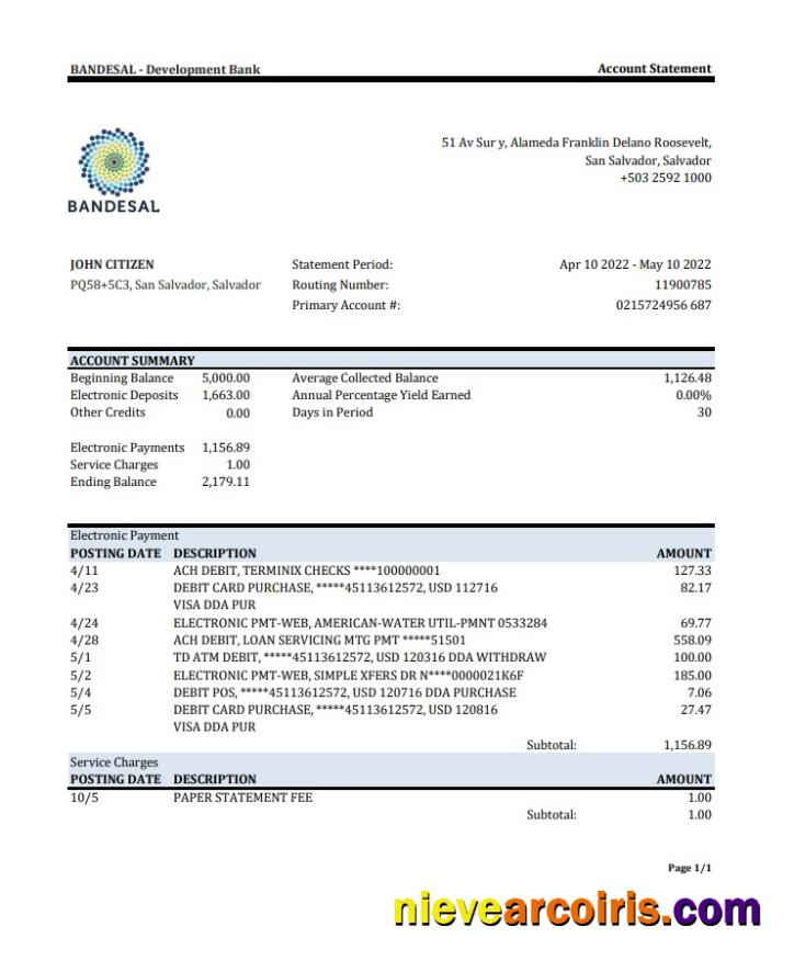 Salvador Bandesal Bank Statement Sample