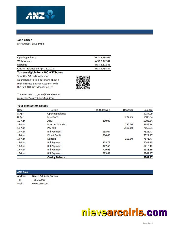 Samoa ANZ Bank Statement Xls Preview