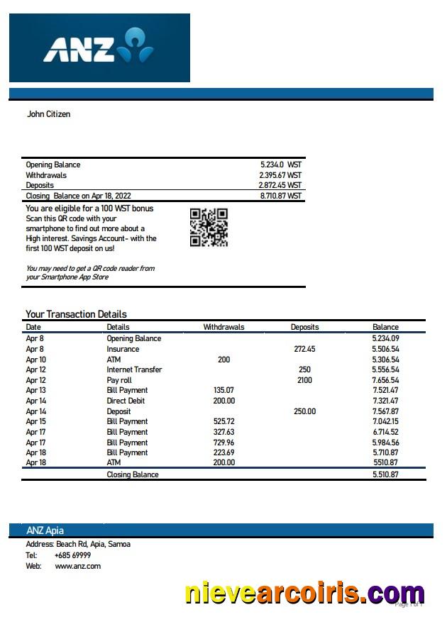 Samoa ANZ Bank Statement Sample