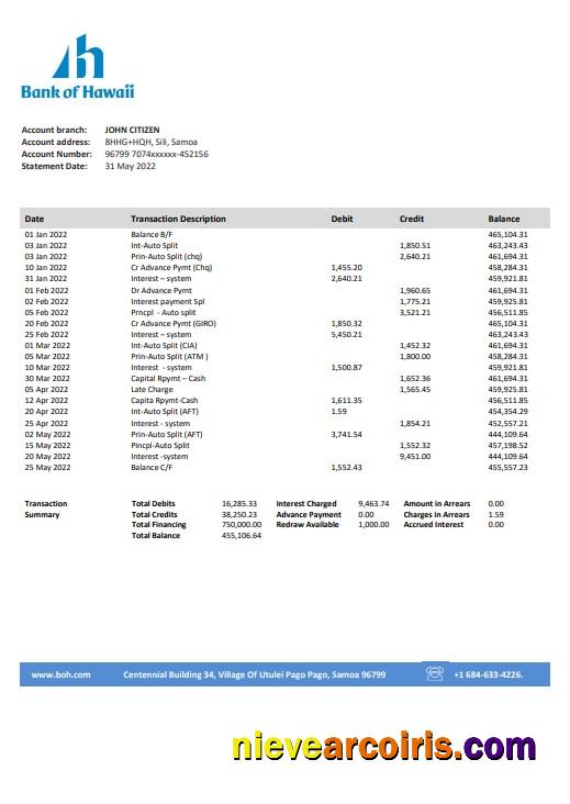 Premium Samoa Bank Of Hawaii Bank Proof Of Address Statement Template In Word And PDF Format