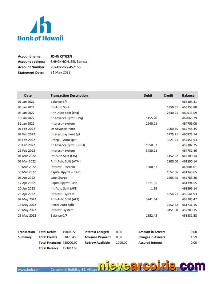 Samoa Bank Of Hawaii Bank Statement Sample