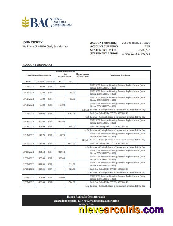 Editable San Marino Banca Agricole Commerciale Bank Statement, Excel And PDF Template