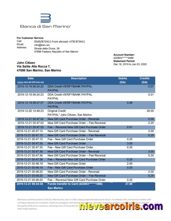Premium San Marino Banca Di San Marino Bank Statement Template, Word And PDF Format (.doc And .pdf)