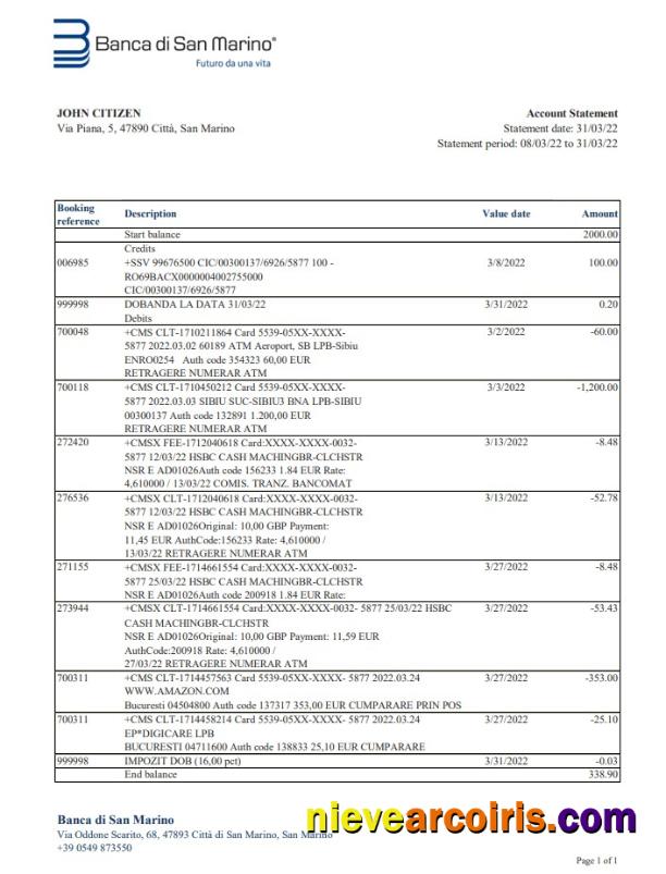 San Marino Banca Di San Marino Bank Statement Xls Preview