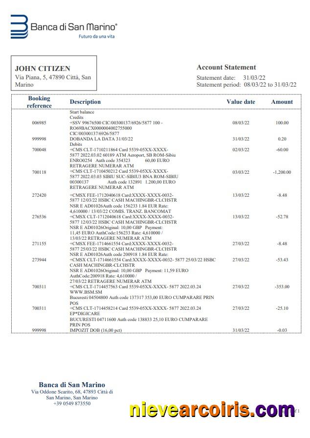 San Marino Banca Di San Marino Bank Statement Preview
