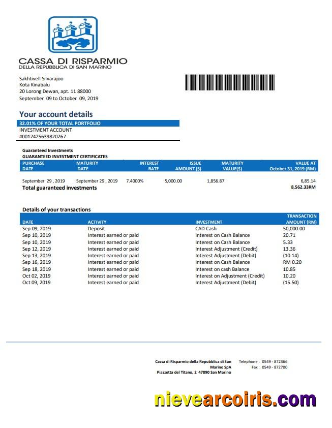 San Marino Cassa Di Risparmio Bank Statement Photolook