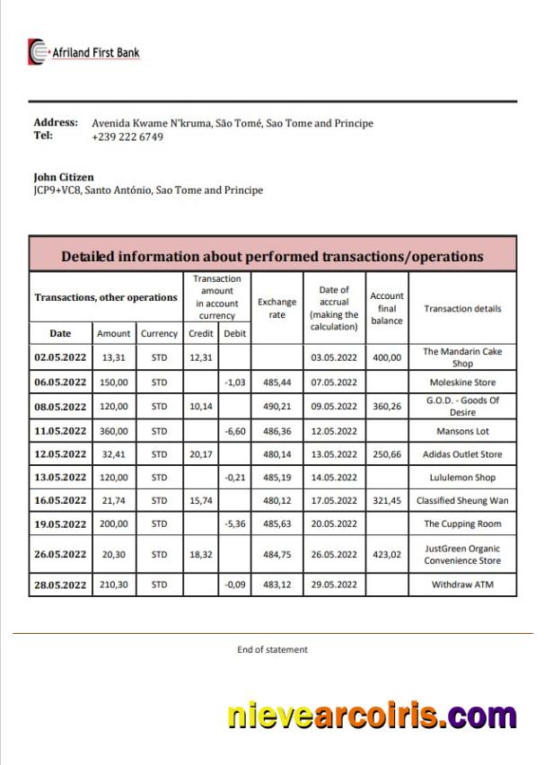 Sao Tome And Principe Afriland First Bank Statement Preview