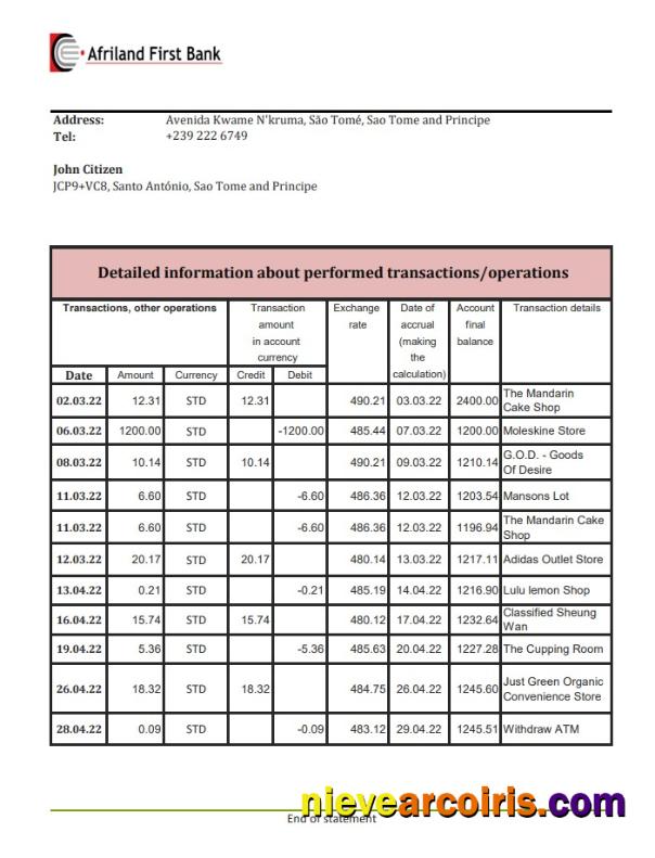 Sao Tome And Principe Afriland First Bank Statement.pdf Template